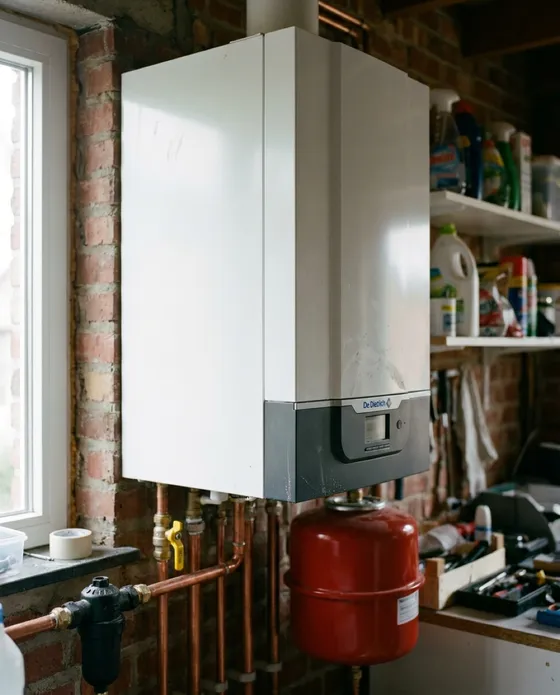 De Dietrich Innovens condensatieketel met nieuw koperen leidingwerk, gaskraan, rood expansievat en zwart magnetietfilter