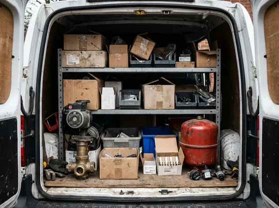 Rek in een bestelwagen met wisselstukken: circulatiepomp, driewegkraan, expansievat, ontstekingselektroden