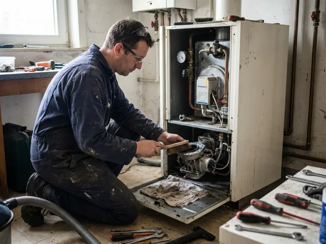 Technicus voert onderhoud uit op een geopende De Dietrich-ketel, met reiniging van de brander
