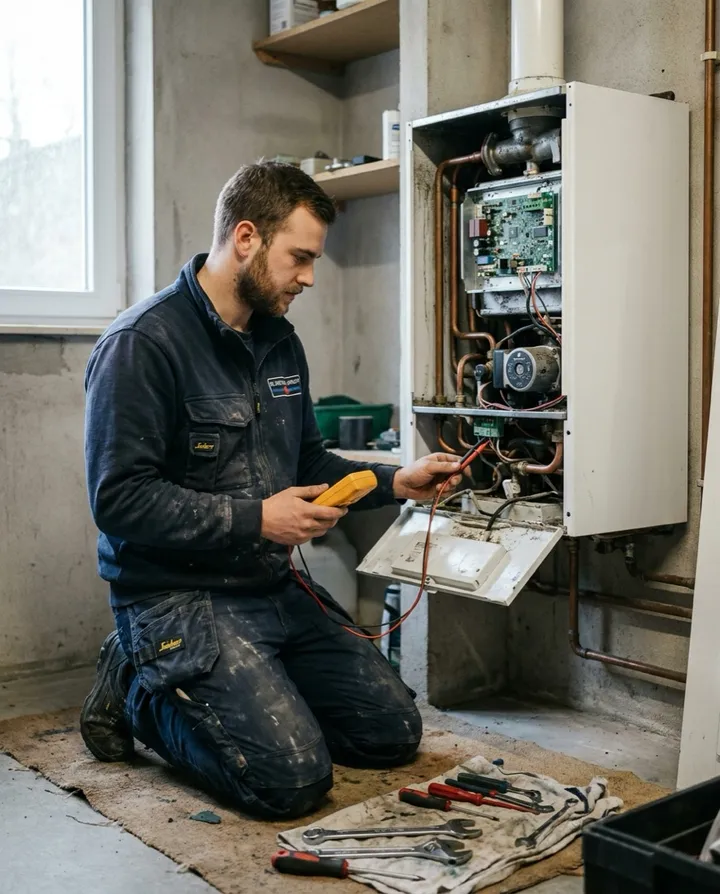 Technicus in werkkledij herstelt dringend het binnenwerk van een De Dietrich-ketel
