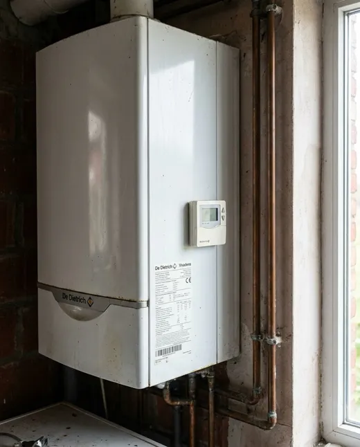 Witte De Dietrich Vivadens wandketel, netjes geplaatst met een draadloze kamerthermostaat ernaast